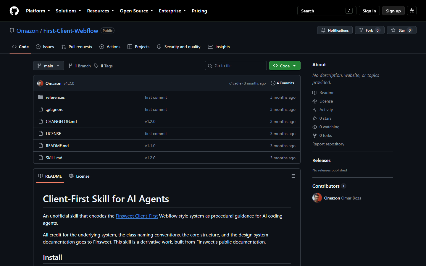GitHub repository: First-Client-Webflow, an open-source Client-First skill for AI agents